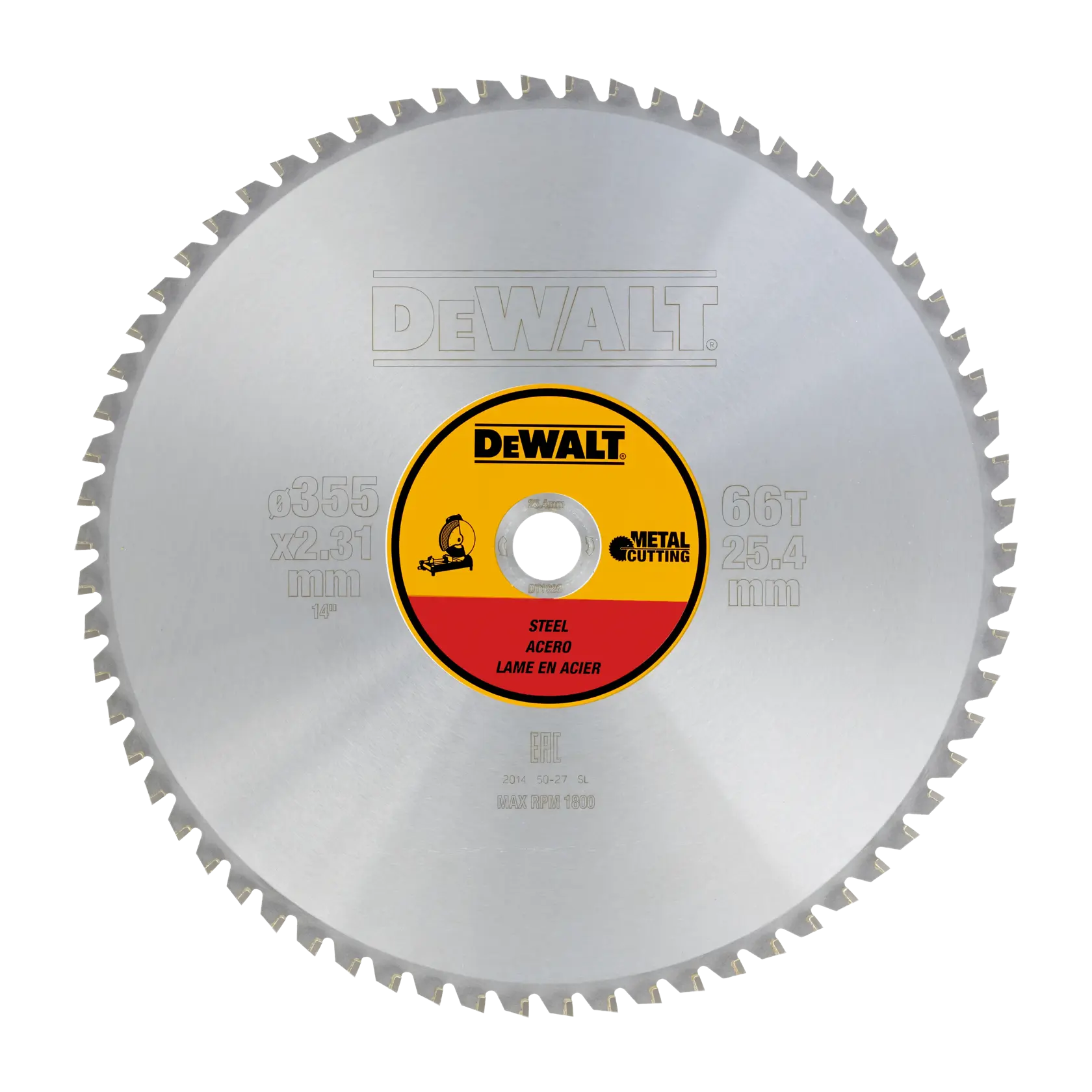 Lame circulaire DEWALT DT1926 pour acier avec 66 dents, diamètre 355mm, vue de face.