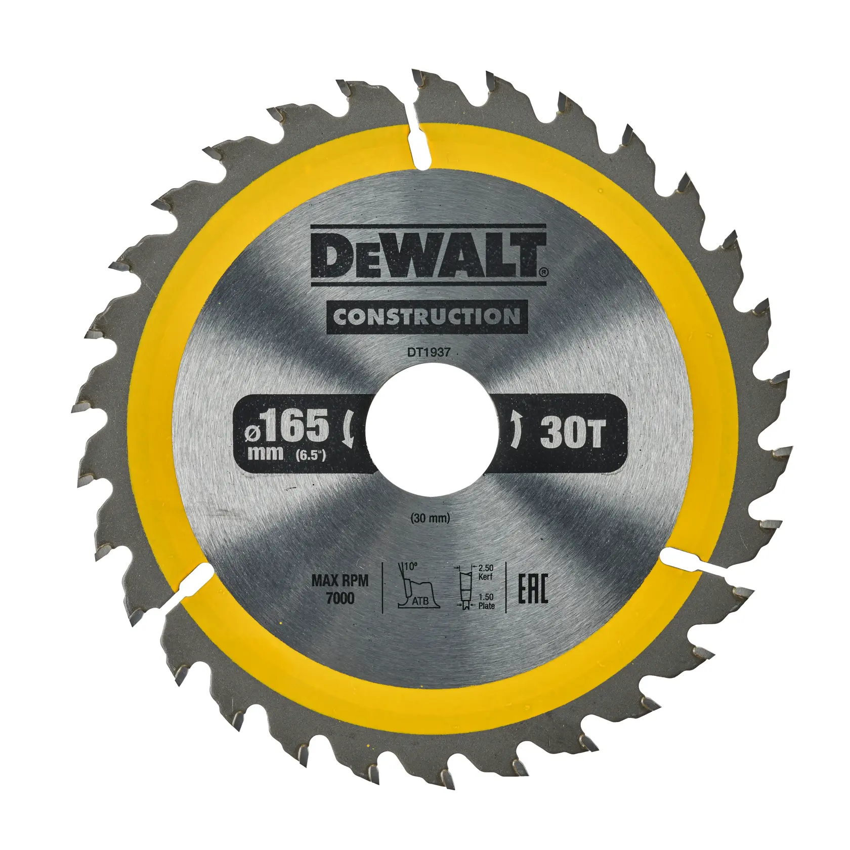 Ein DEWALT Bau-Kreissägeblatt, Modell DT1937, mit einem Durchmesser von 165 mm (6,5 Zoll), 30 Zähnen und einem gelben Akzent-Ring um die Mitte.