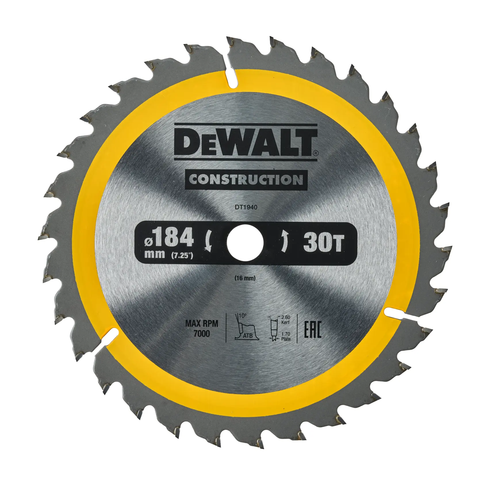 DEWALT DT1940 Kreissägeblatt, 184mm Durchmesser, 30 Zähne, silber mit gelbem Rand.