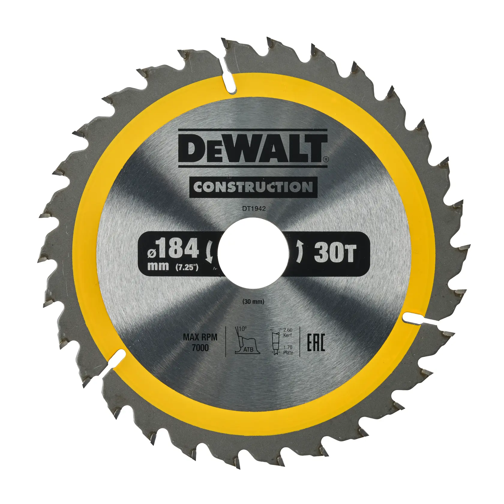 Hoja de sierra circular DEWALT DT1942, 184mm, 30 dientes, borde amarillo, metal.