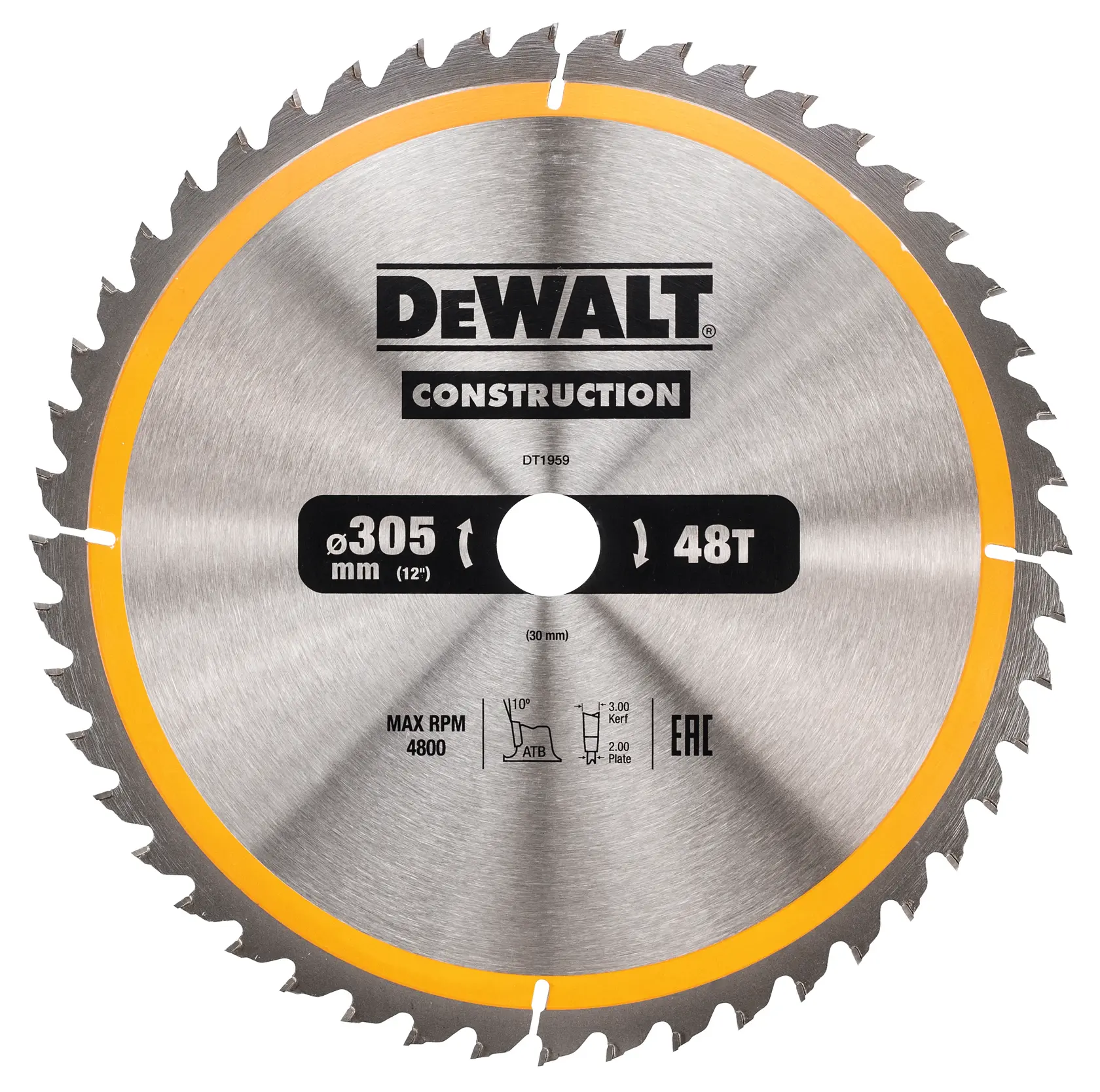 Lame de scie circulaire DEWALT DT1959, diamètre 305mm, 48 dents, pour la construction.