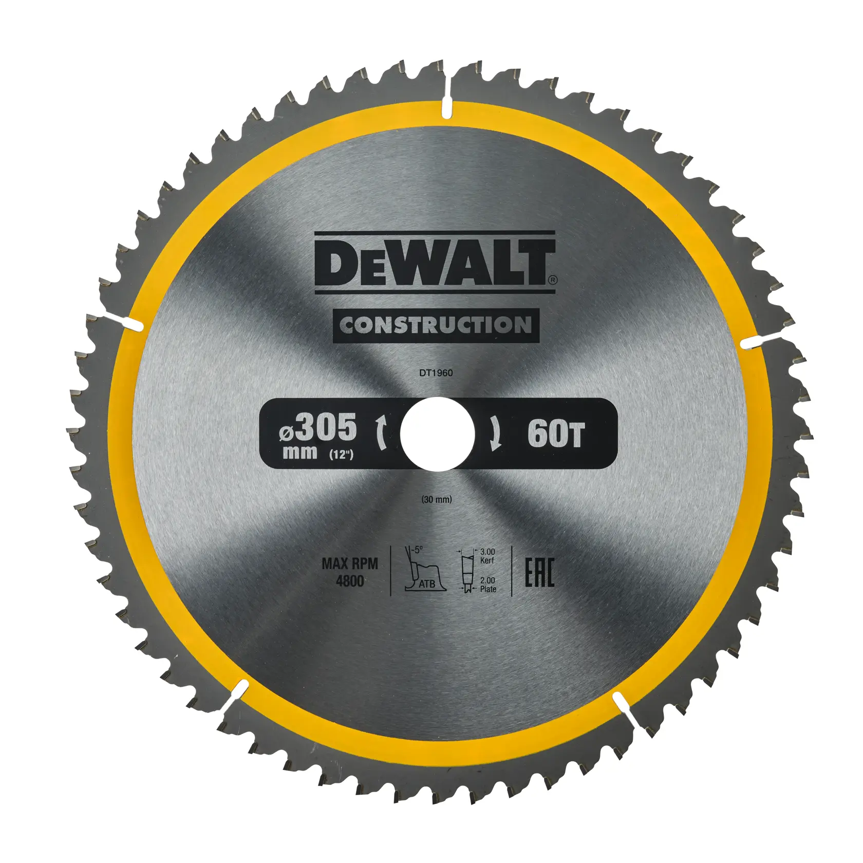 Lame de scie circulaire de construction DEWALT DT1960, diamètre 305 mm, 60 dents, couleur argentée avec bord jaune.