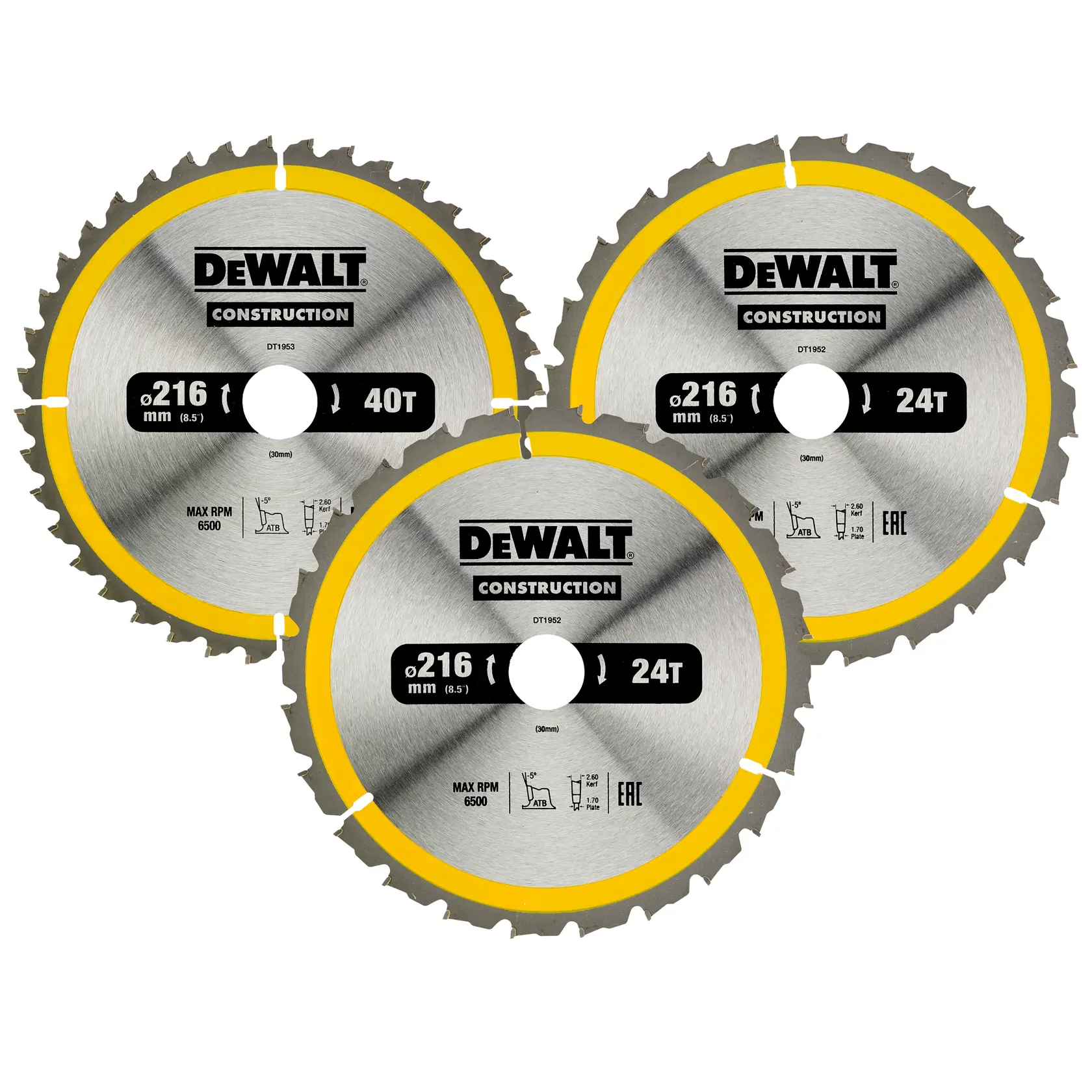 Trois lames de scie circulaire DEWALT 216 mm avec bord jaune. Les lames indiquent 40T et 24T.