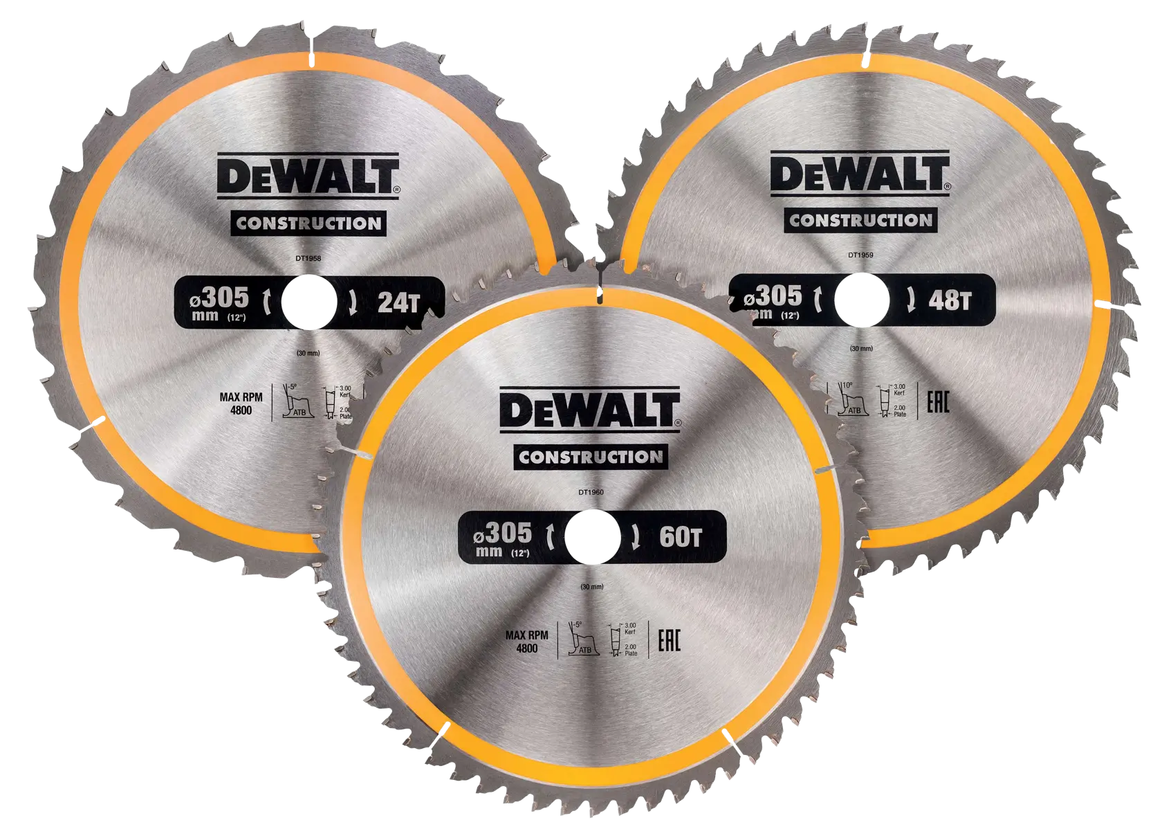 Trois lames de scie circulaire DEWALT pour construction, 305mm, dents différentes: 24T, 48T, 60T.