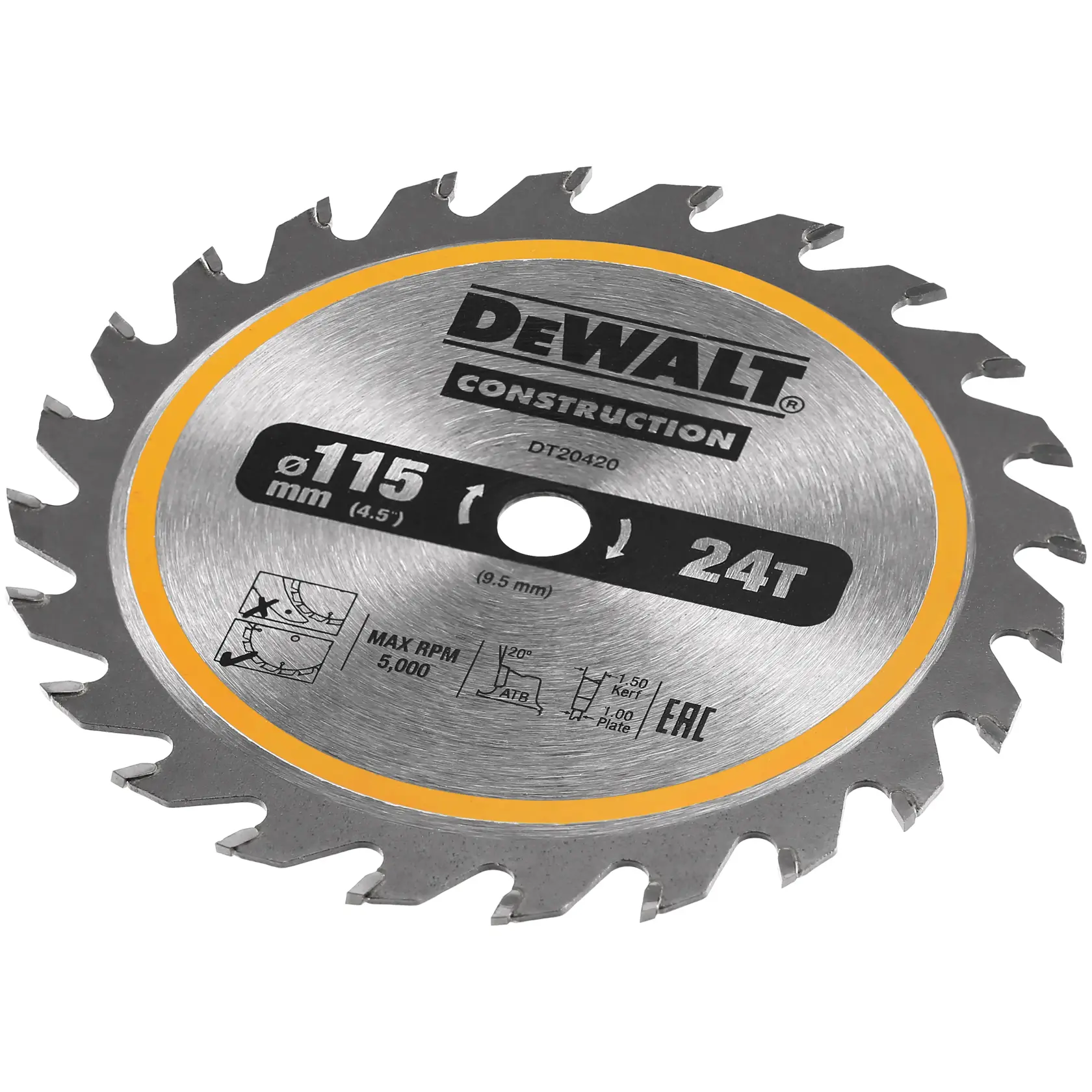 DEWALT 115mm 24T Kreissägeblatt für Bau, Modell DT20420, maximal 5.000 U/min.