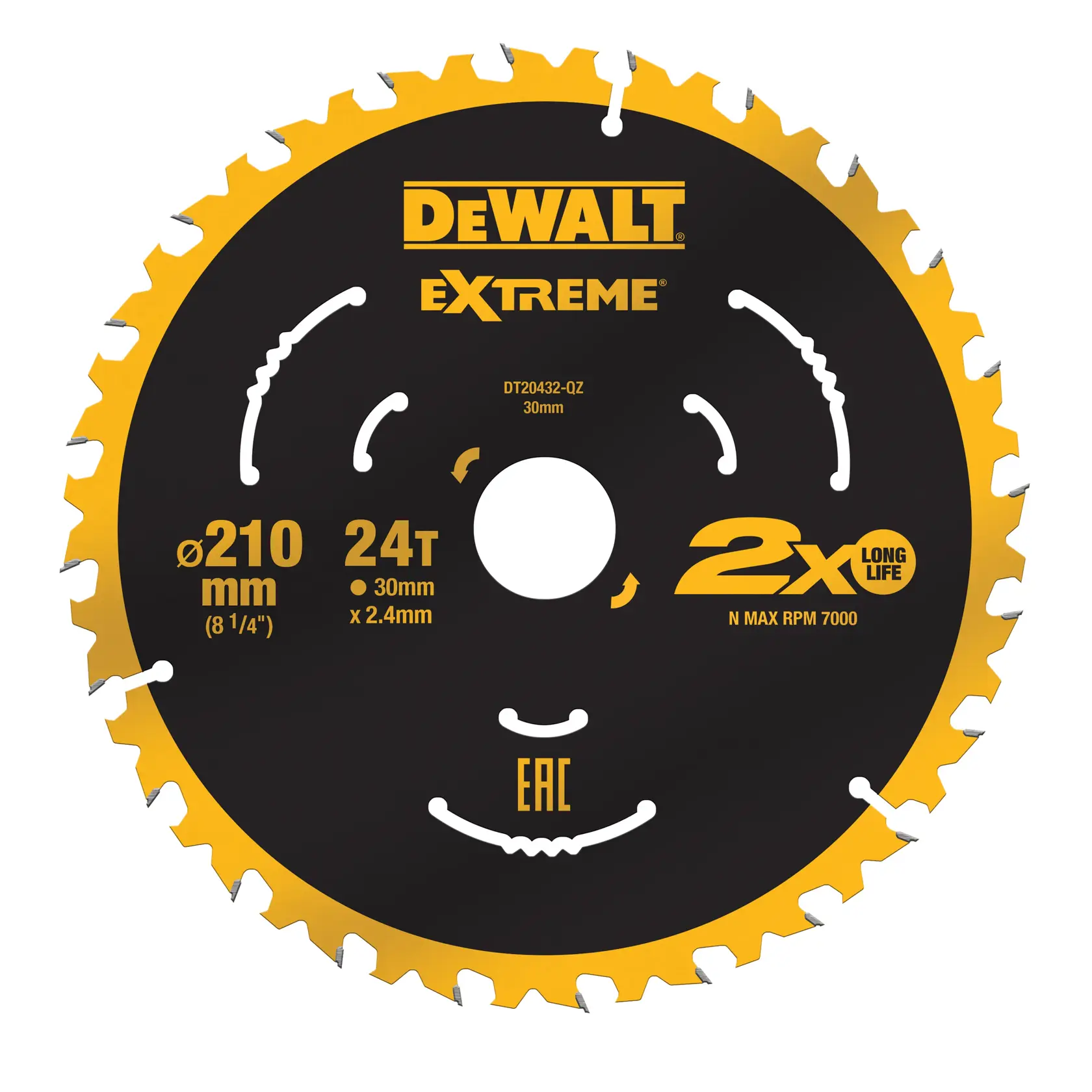 Lame de scie circulaire DEWALT Extreme DT20432, 210 mm, 24 dents, noire et jaune, pour la coupe.