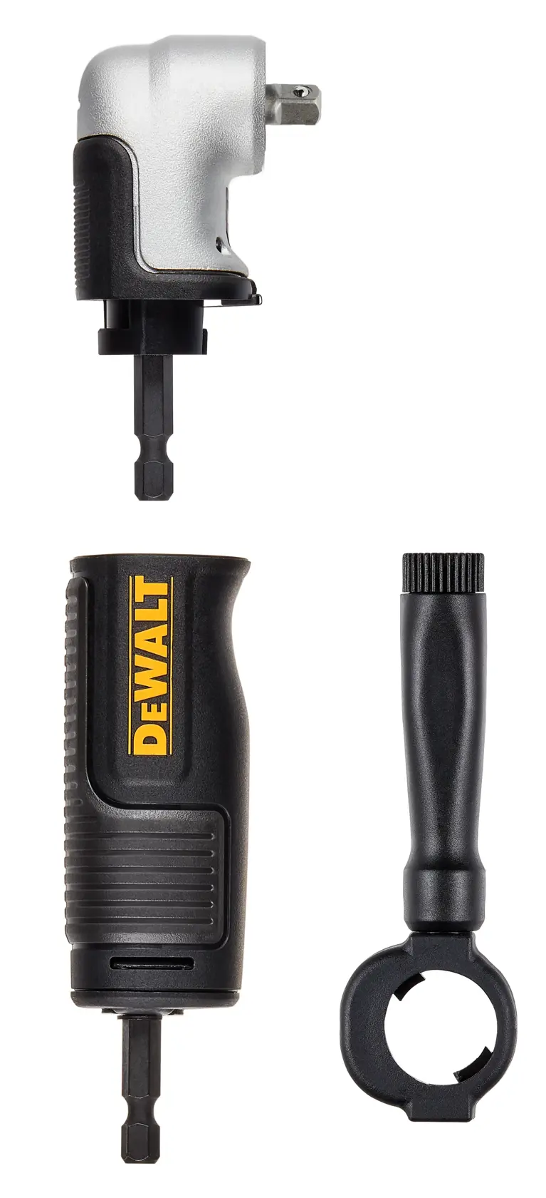 Jeu d’accessoires DEWALT DT20504 pour perceuse d’angle, avec poignée et corps principal sur fond blanc.