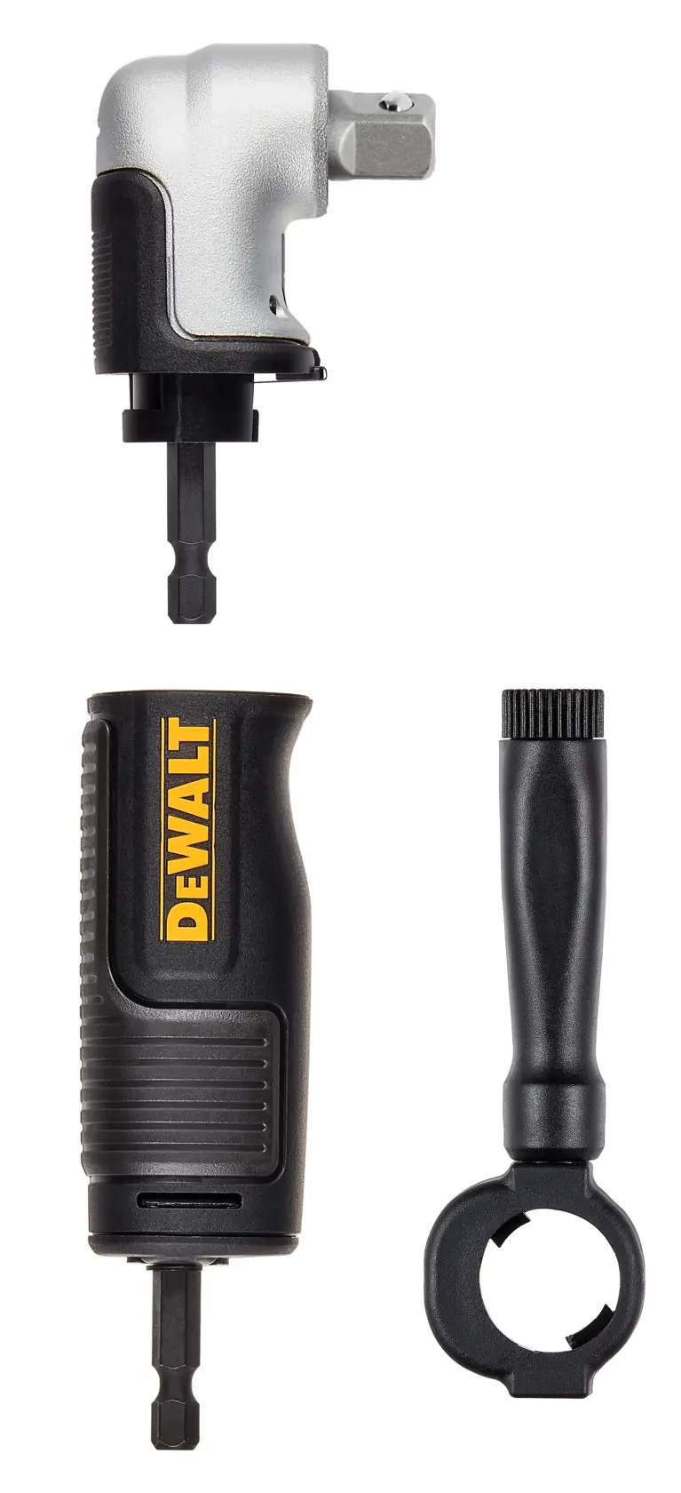 Kit d'adaptateur DEWALT DT20505 avec poignée et prise, présenté sur fond blanc.