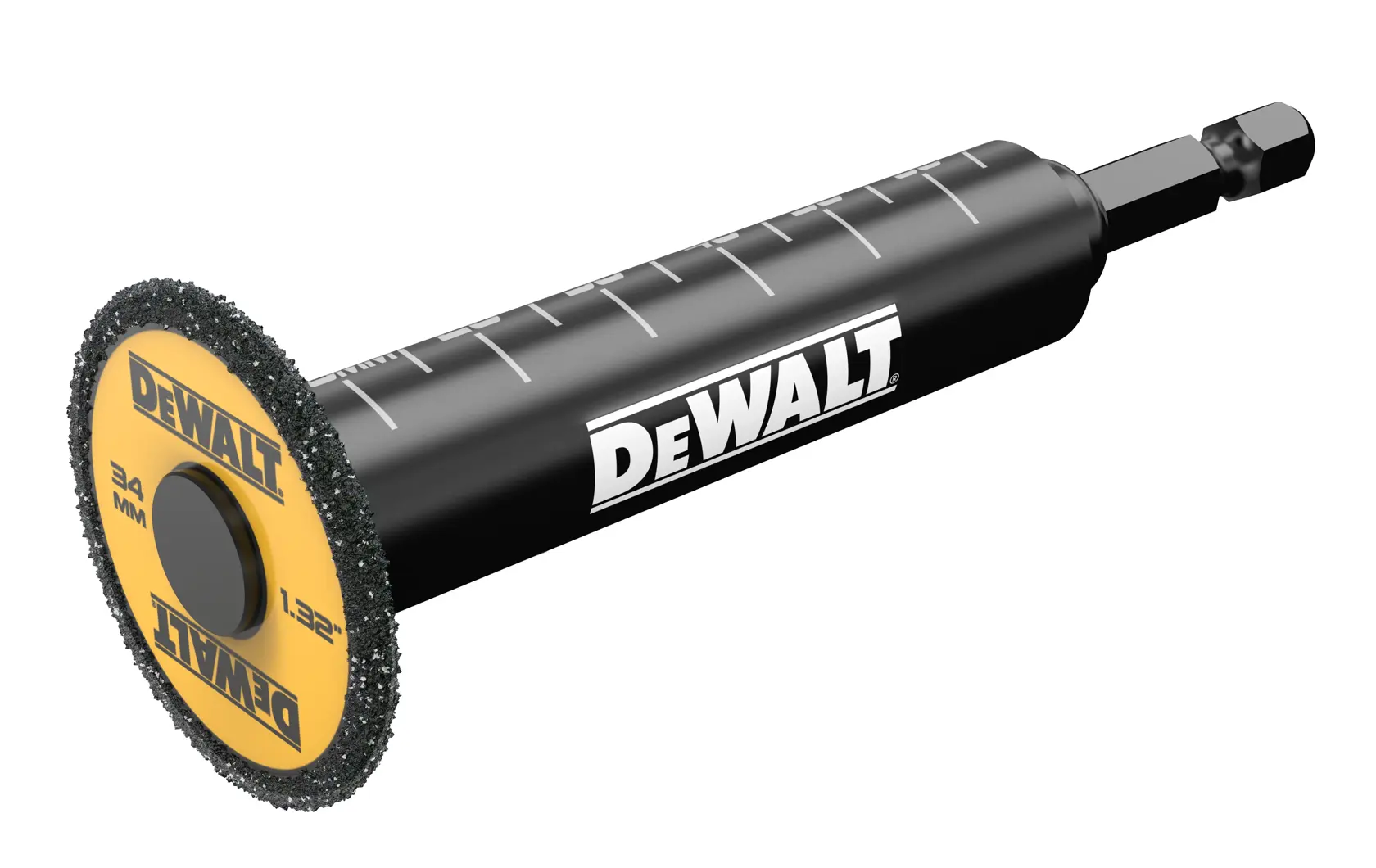 Outil rotatif abrasif DEWALT DT20563 avec manche noir et disque jaune, conçu pour couper ou meuler.