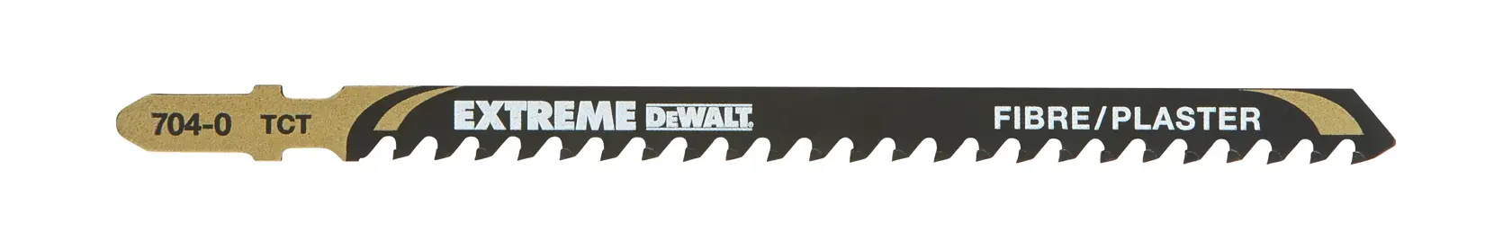 DEWALT Extreme Stichsägeblatt für Faser und Putz, schwarz-gold mit scharfen Zähnen.