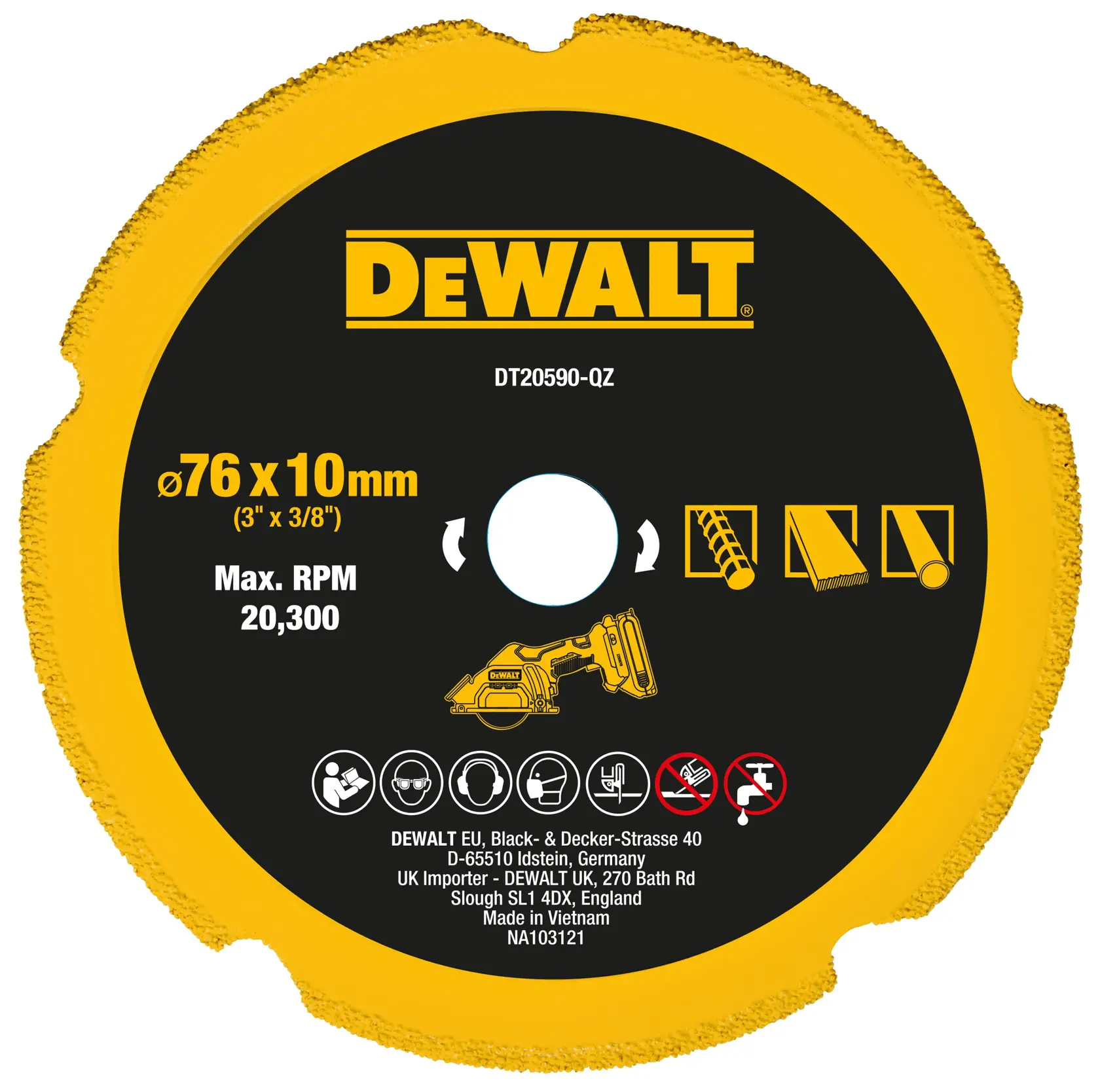 DEWALT DT20590 76x10mm Sägeblatt, schwarz/gelb, max RPM 20.300, zum Schneiden von Metall und Baustoffen.