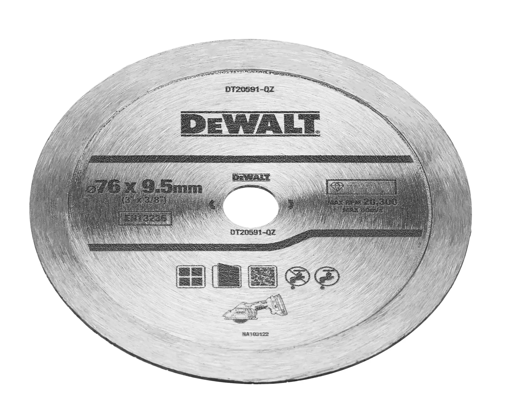 Hoja de sierra circular DEWALT DT20591, color plateado, diámetro de 76 mm y grosor de 9,5 mm, adecuada para cortar materiales. La hoja presenta información del producto e iconos de seguridad impresos en su superficie.