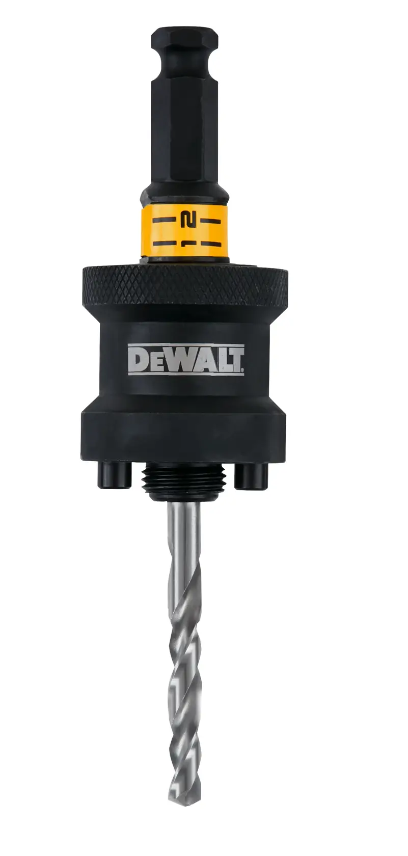 Mandrin de scie-cloche DEWALT avec foret, noir et jaune, pour fixer les scies aux perceuses.