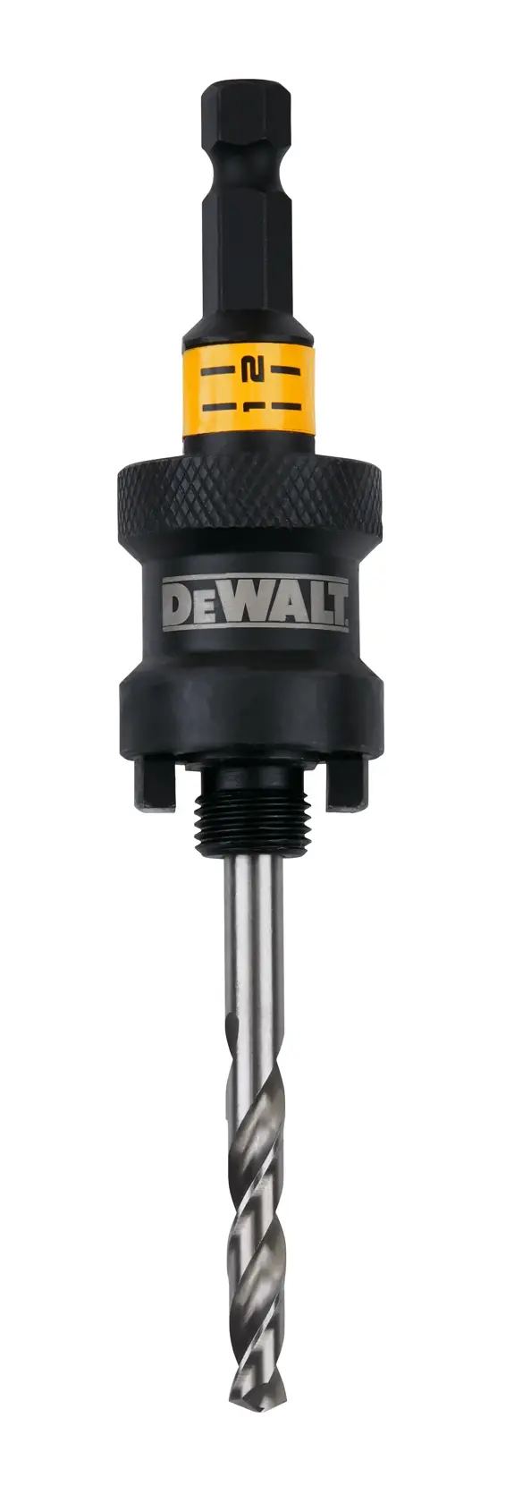 DEWALT DT20626 Bohrer mit gelber Markierung und schwarzem Sechskantschaft auf weißem Hintergrund.