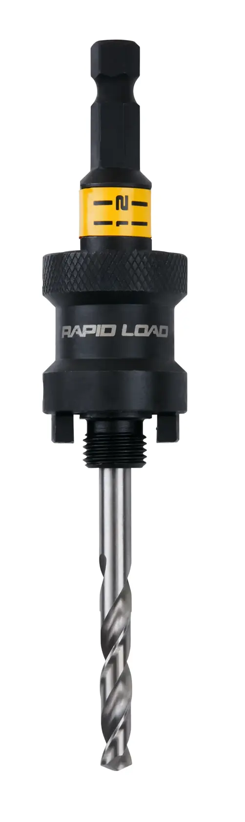 DEWALT Rapid Load Bohradapter mit Metall-Spiralbohrer, schwarz-gelb, für schnelle Bitwechsel.