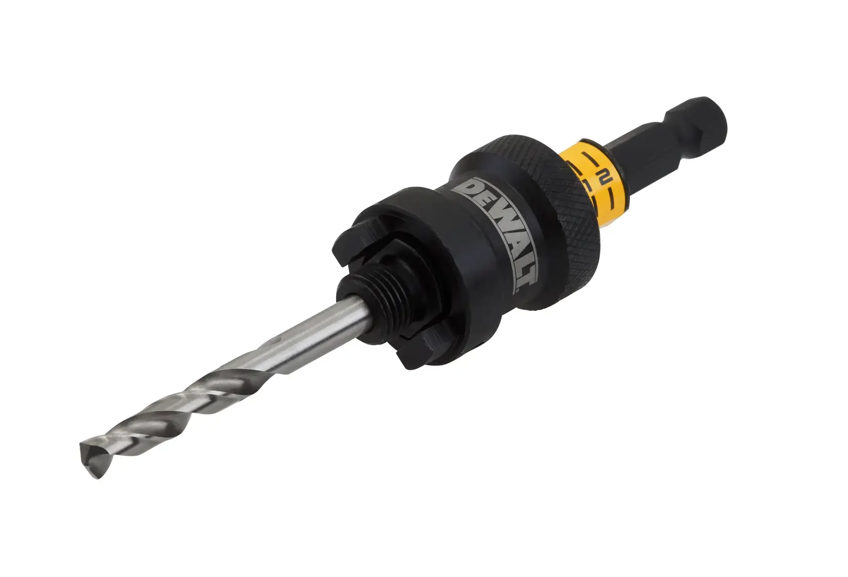 DEWALT Bohrer-Zubehör mit schwarz-gelbem Griff für Elektrowerkzeuge, auf weißem Hintergrund.