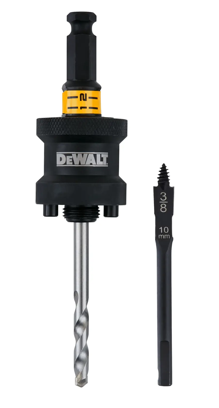 DEWALT Bohr- und Auszugsset, 3/8 Zoll, 10 mm. Zwei Teile vertikal auf weißem Hintergrund.