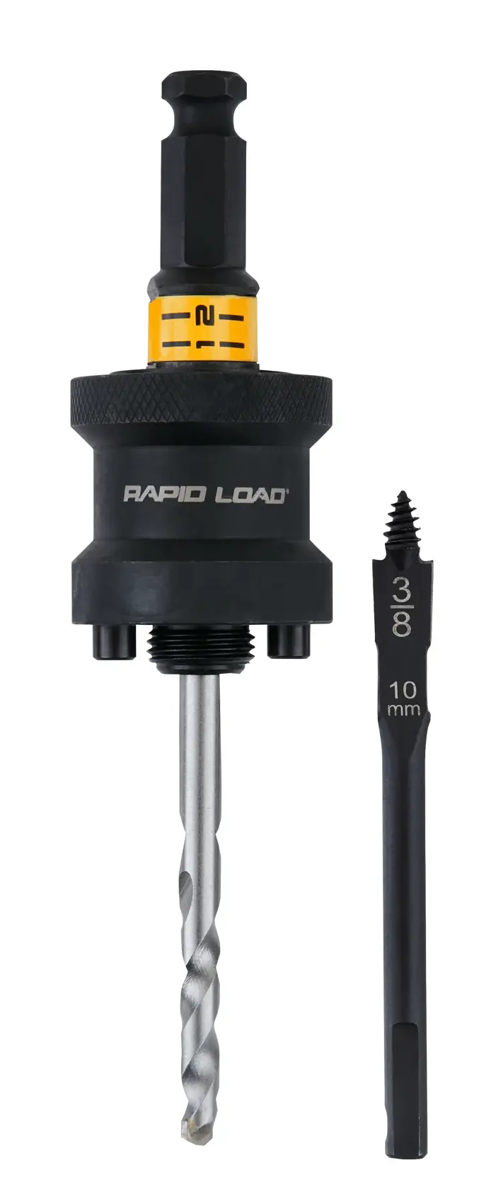 DEWALT Rapid Load Bohrzubehör mit Bohrer und Schraubenausdreher auf weißem Hintergrund.