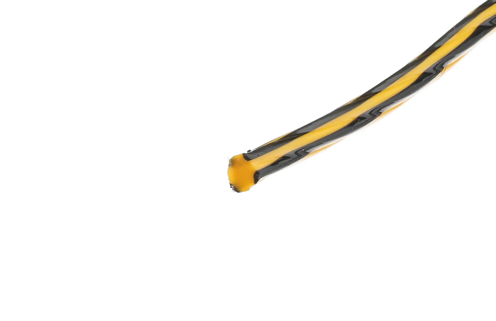 Nahaufnahme einer DEWALT DT20651 schwarz-gelben Ersatz-Trimmerschnur auf weißem Hintergrund.