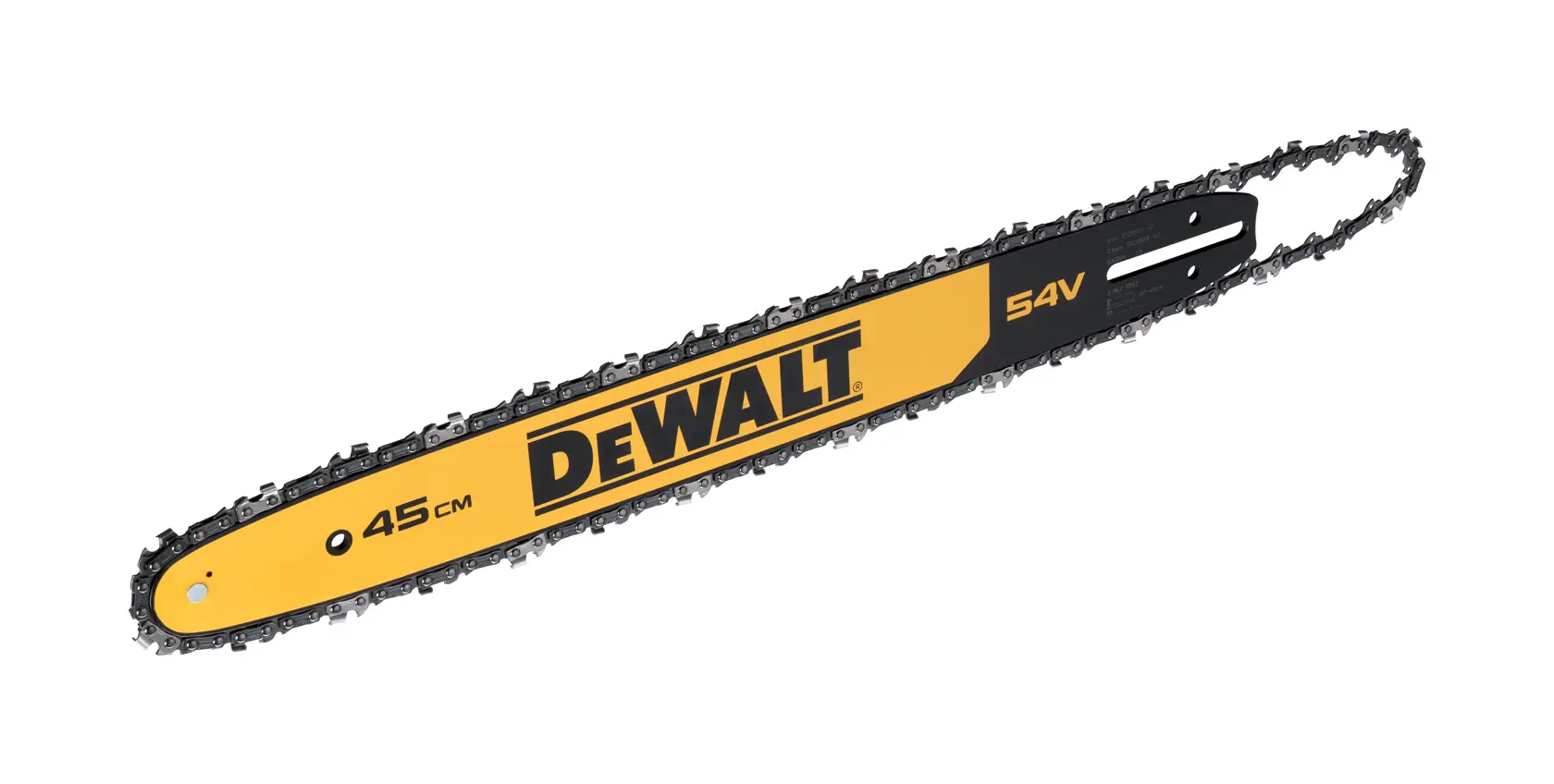 Guide-chaîne DEWALT 45cm 54V avec chaîne, jaune et noir, conçu pour outils électriques.