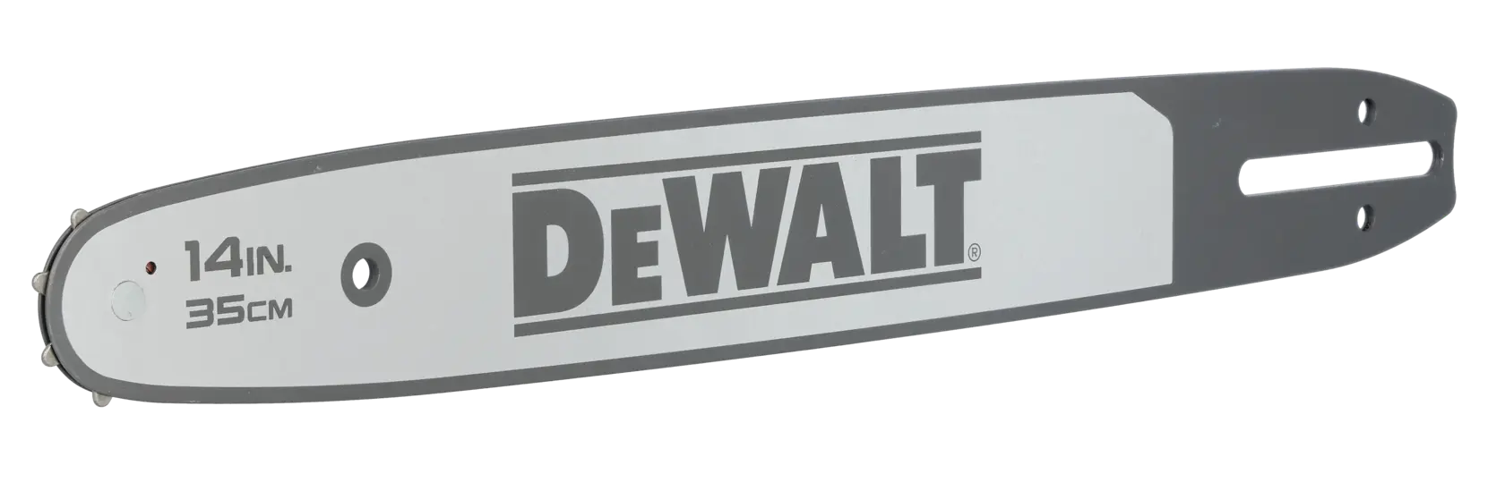 Guide-chaîne DEWALT 14 pouces (35cm), gris avec logo et détails de taille.