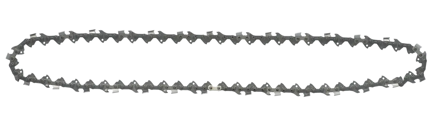 Chaîne de tronçonneuse DEWALT avec dents aiguisées, posée sur fond blanc.