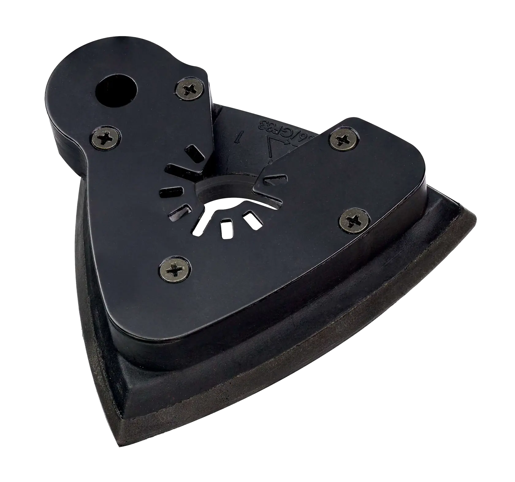 Accesorio negro DEWALT DT20700, almohadilla triangular de lijado para multiherramientas, sobre fondo blanco.