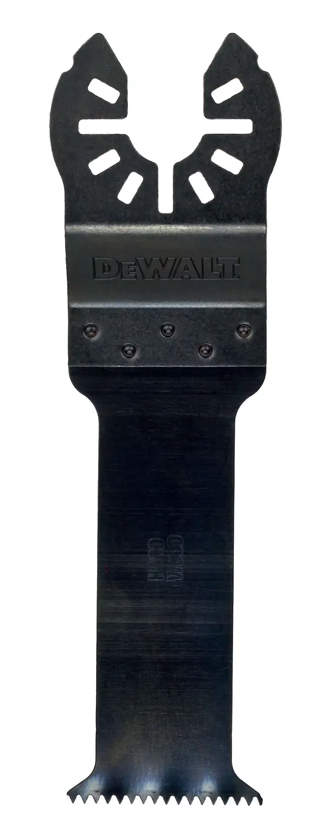Lame oscillante DEWALT DT20703 à bord droit et pointe crantée, conçue pour des découpes précises.