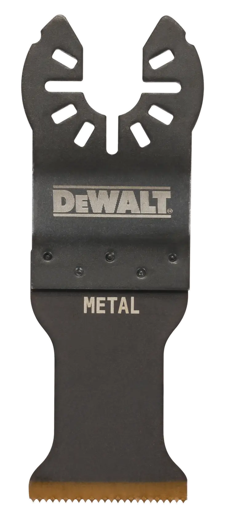 Lame DEWALT DT20707 pour outil oscillant, découpe métal, noire avec bord doré, logo DEWALT et métal.
