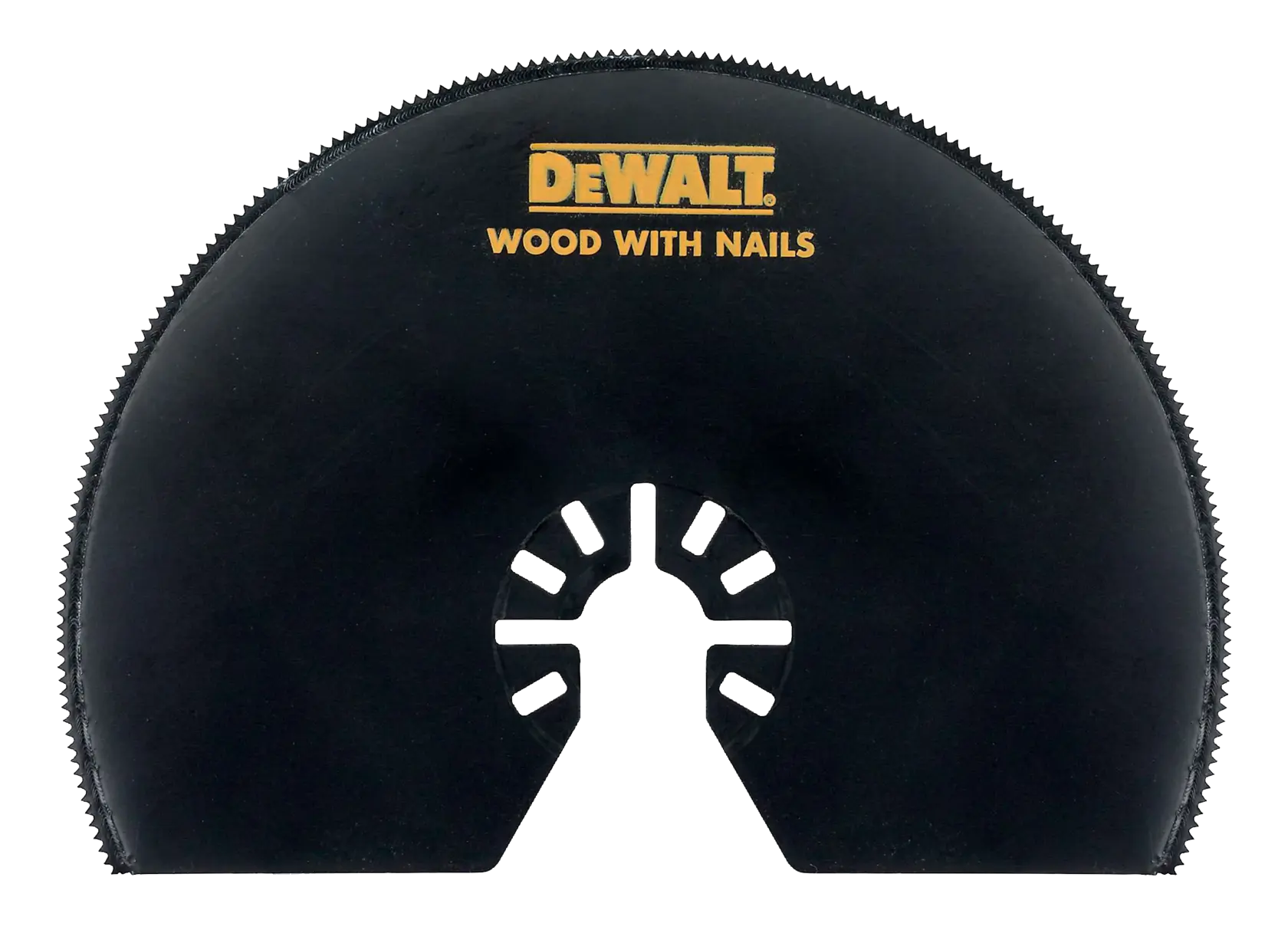 Lame de scie circulaire DEWALT DT20708 noire, pour bois avec clous, forme semi-circulaire dentée.