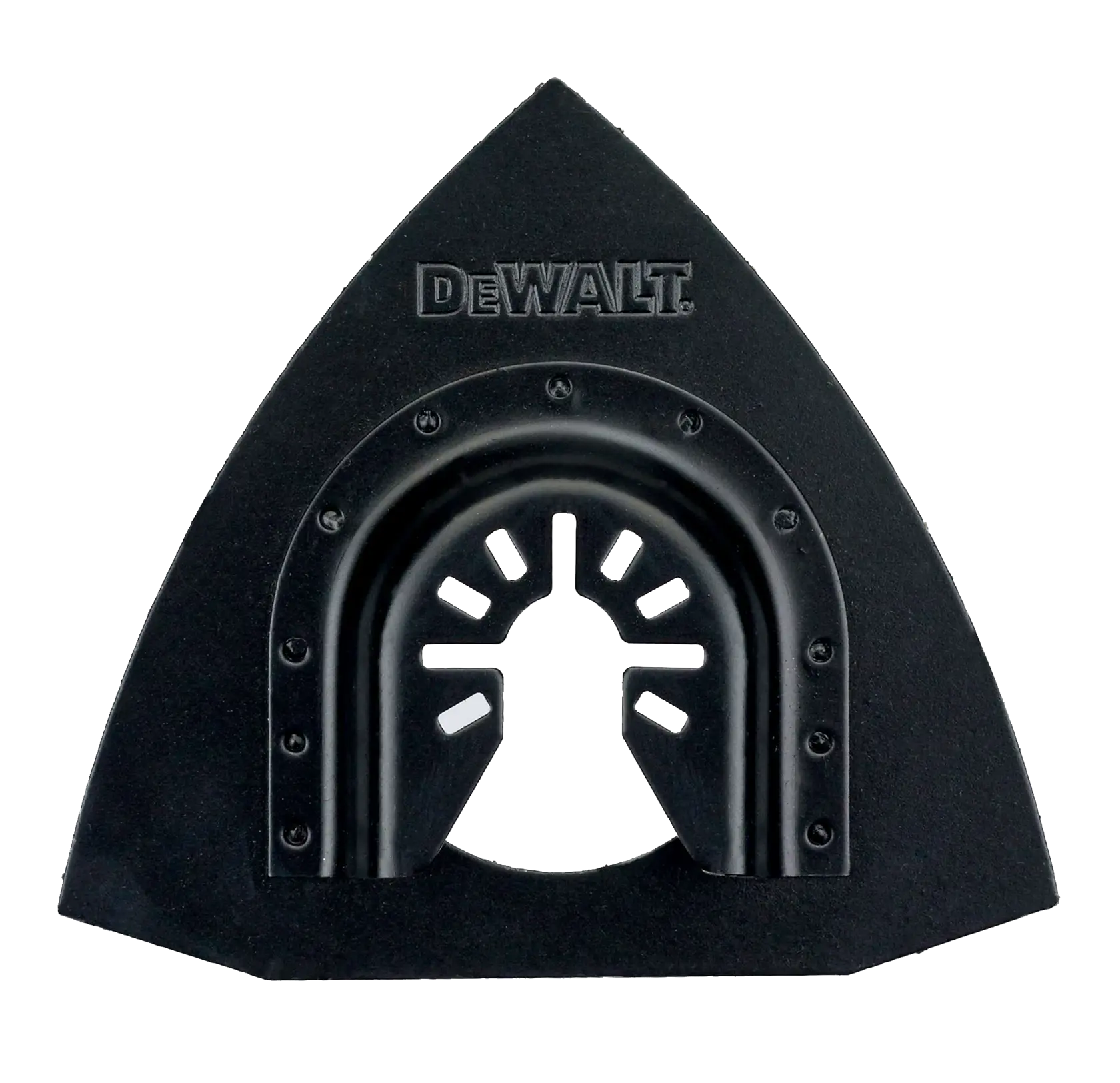 Accessoire triangulaire noir DEWALT pour outils électriques, probablement un patin de ponçage ou une fixation, avec un trou central de montage et des découpes type aérations.