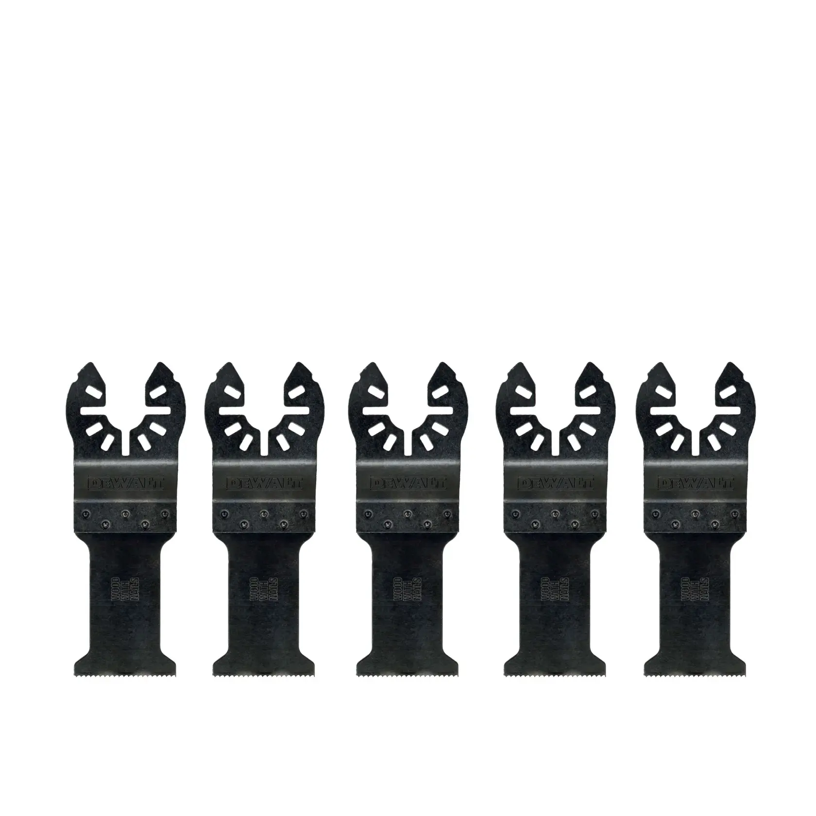 Cinq lames DEWALT pour outil multifonction oscillant utilisées pour couper, disposées en ligne sur un fond blanc.