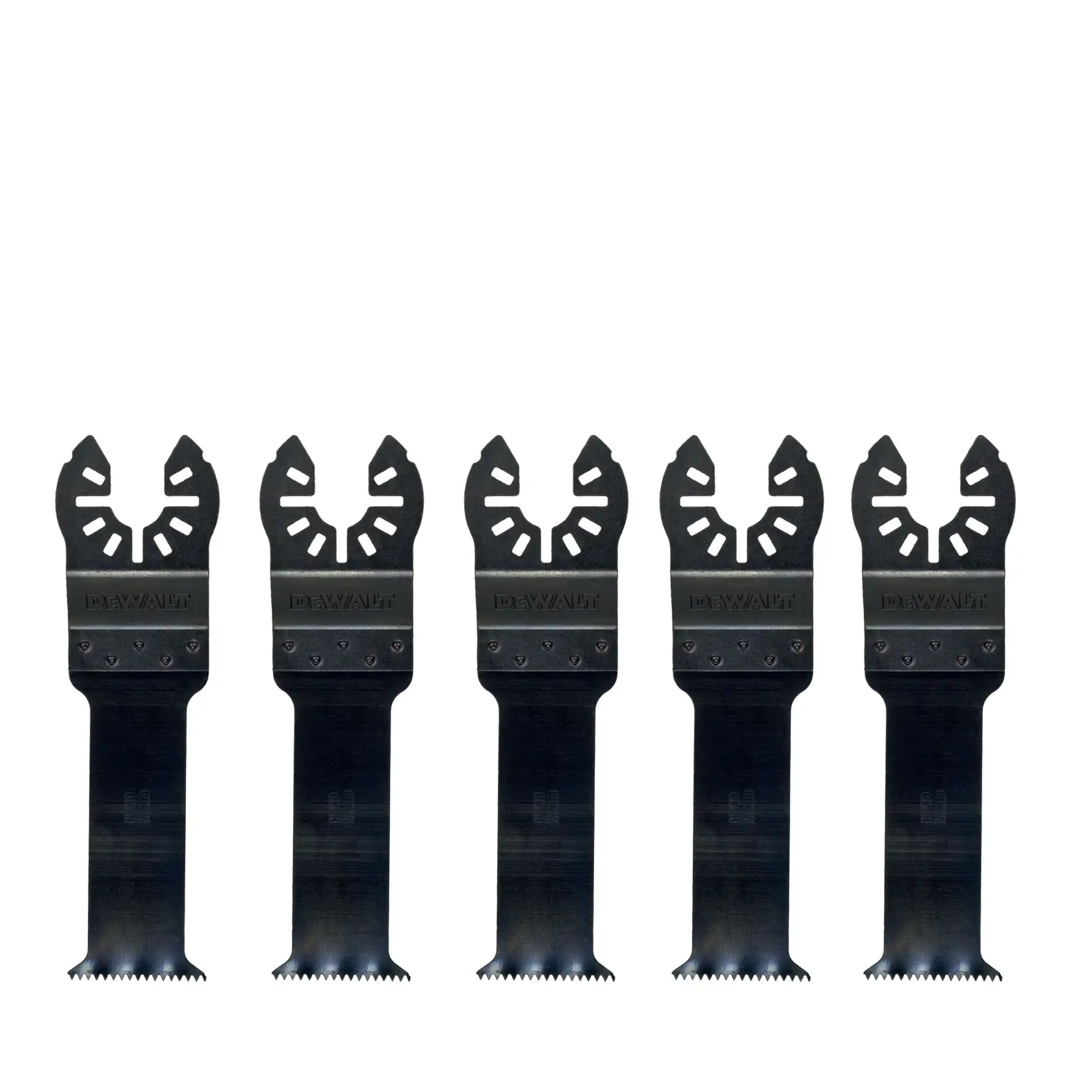 Cinq lames noires DEWALT DT20724 pour outil oscillant alignées côte à côte avec bord dentelé.