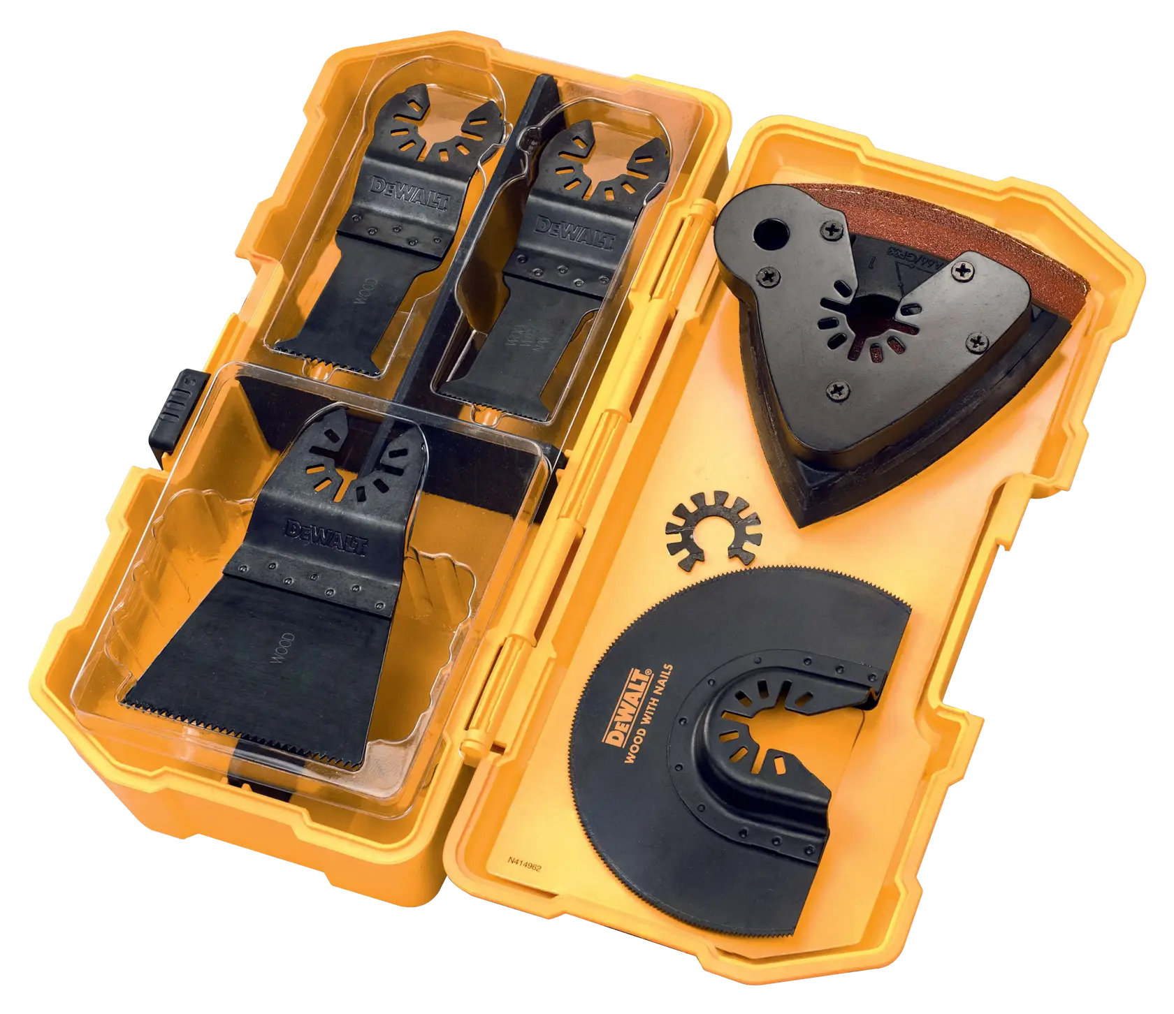 Ein gelber DEWALT-Koffer mit verschiedenen schwarzen Zubehörteilen für oszillierende Multifunktionswerkzeuge, darunter Klingen, Schleifaufsätze und Adapter, ordentlich im Inneren angeordnet.