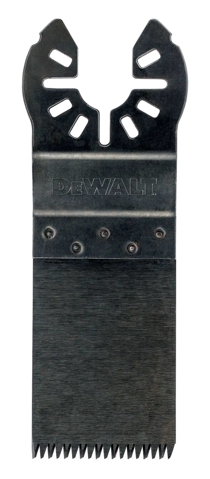DEWALT DT20740 Schwingungs-Sägeblatt für Holz und Kunststoff mit Befestigungsschlitzen und feinen Zähnen.