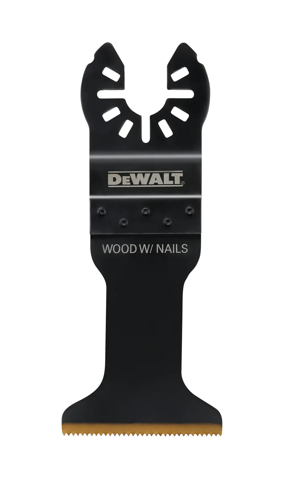 Ein DEWALT DT20760 Schwing-Multitool-Sägeblatt zum Schneiden von Holz mit Nägeln. Das Blatt hat einen schwarzen Metallkörper, goldfarbene Zähne am unteren Rand und Marken- sowie Anwendungshinweise in weißer Schrift.