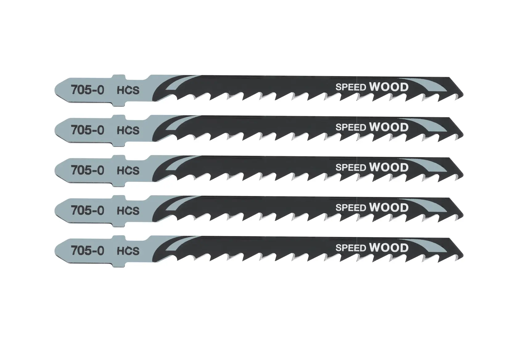 Cinco hojas de caladora DEWALT DT2077 para madera, alineadas horizontalmente sobre fondo blanco.