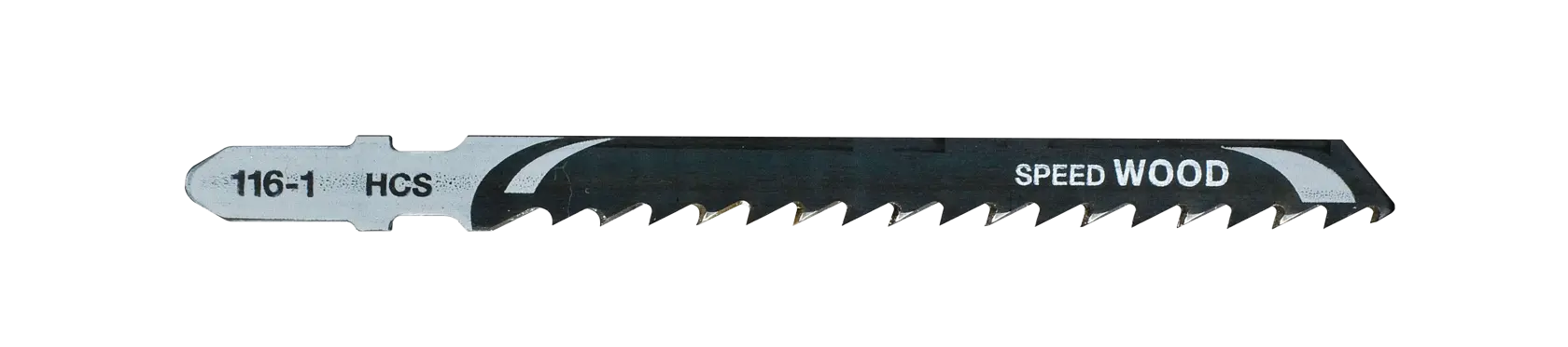 Ein einzelnes DEWALT DT2166 Stichsägeblatt zum Schneiden von Holz, dargestellt auf weißem Hintergrund. Das Blatt hat scharfe, abgewinkelte Zähne und ist mit '116-1 HCS' und 'Speed Wood' gekennzeichnet.