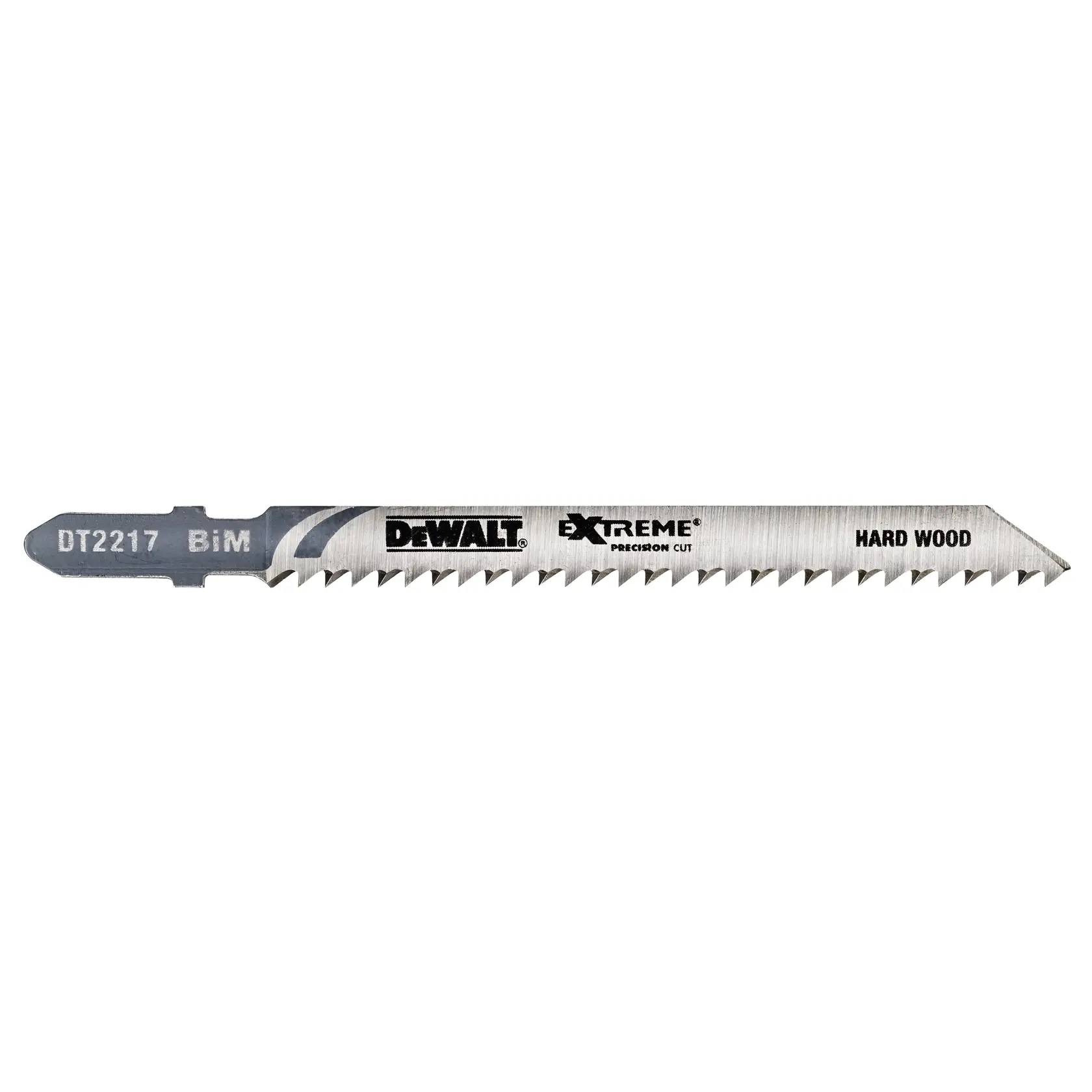 Hoja de calar DEWALT DT2217 Extreme para madera dura, color plata, etiquetada para corte preciso.
