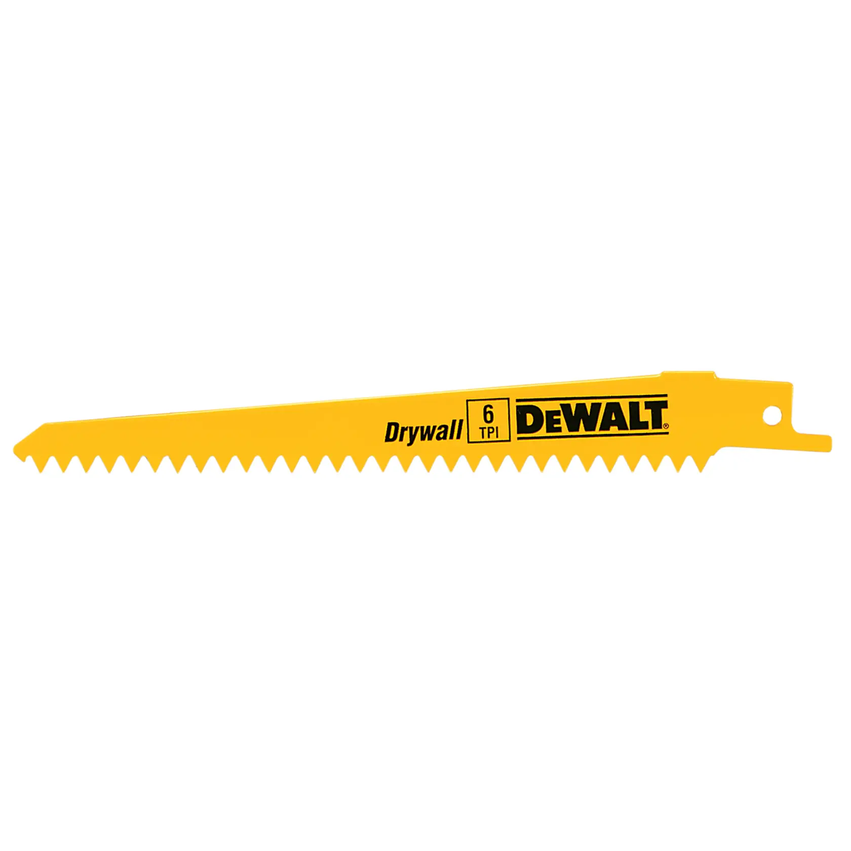 DEWALT gelbes Trockenbausägeblatt mit 6 TPI und Zacken, Markenlogo sichtbar.