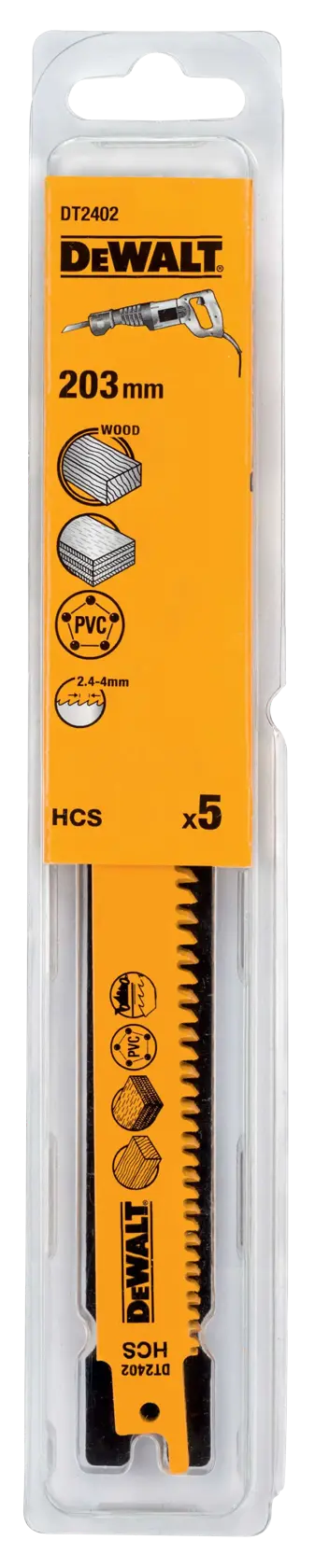 DEWALT DT2402 paquete de 5 hojas de sierra, 203mm, para madera y PVC, en embalaje amarillo.