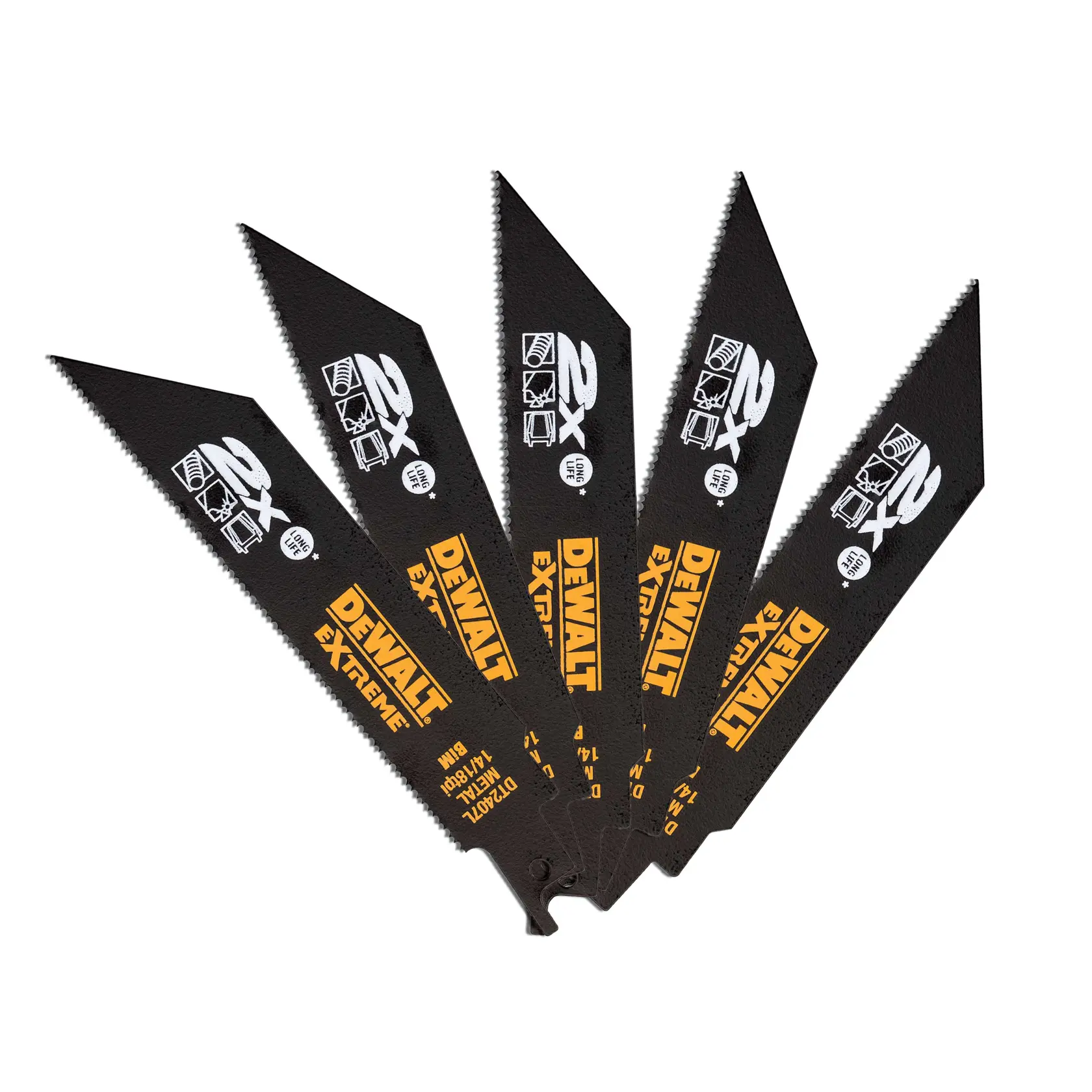 Ensemble de cinq lames de scie sauteuse DEWALT DT2407L noires disposées en éventail.