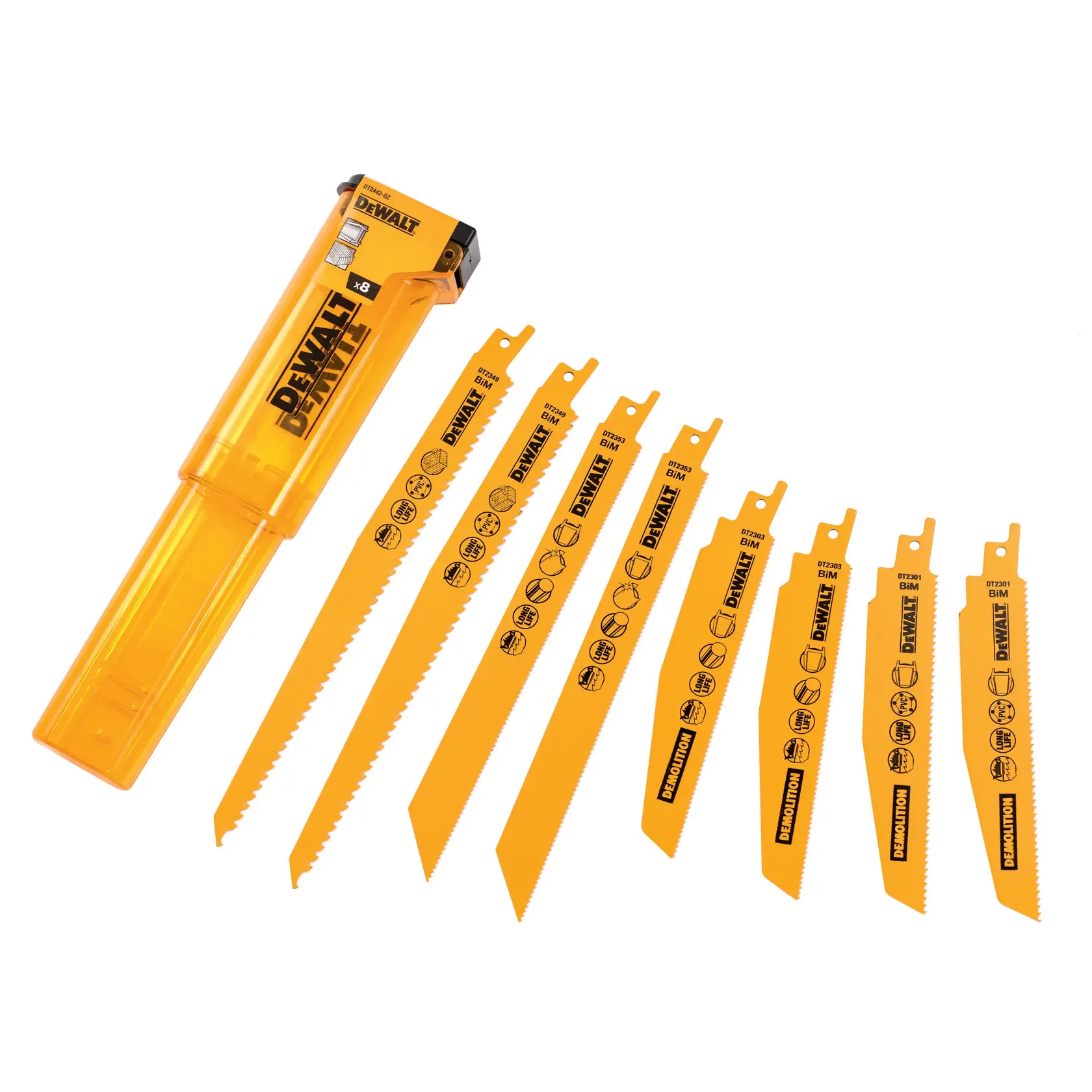 DEWALT DT2442 Set mit acht gelben Säbelsägeblättern und passender Aufbewahrungsbox.