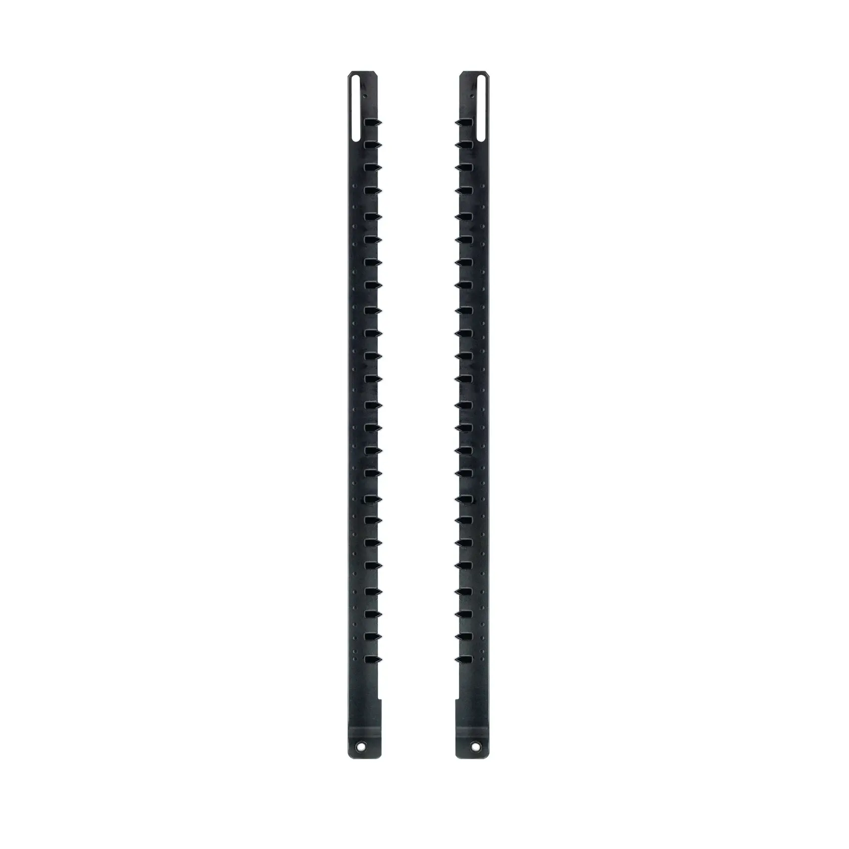Deux rails guides en plastique noir DEWALT DT2964, affichés côte à côte sur fond blanc.