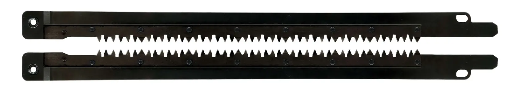 Zwei schwarze DEWALT Säbelsägeblätter mit gezackten Kanten nebeneinander auf weißem Hintergrund.