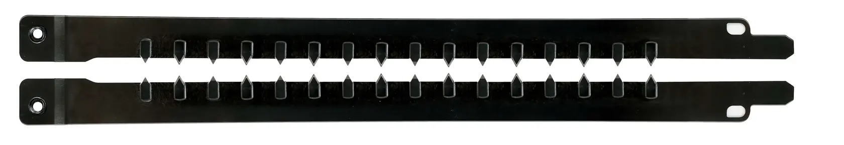 Barre guide noire en métal avec fentes pour le soutien ou l’organisation d’outils et accessoires.