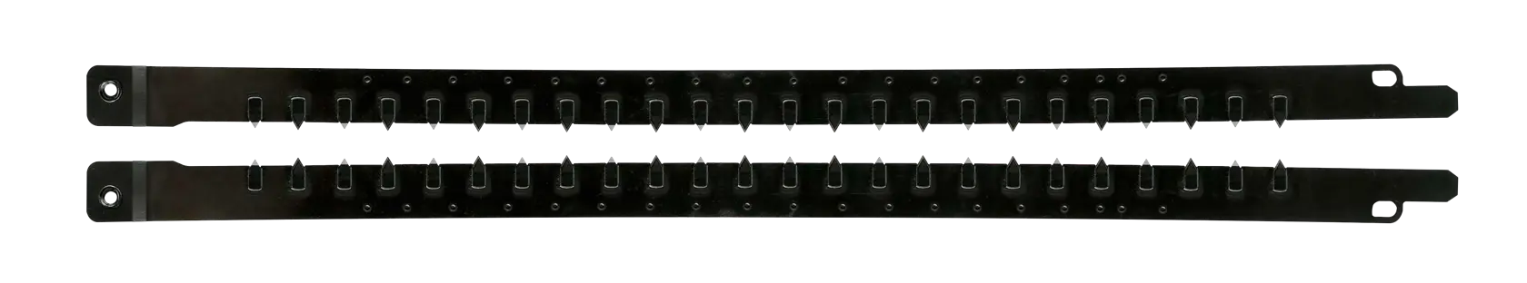 Deux bandes métalliques noires à encoches, probablement pièce de rechange pour outil ou machine.