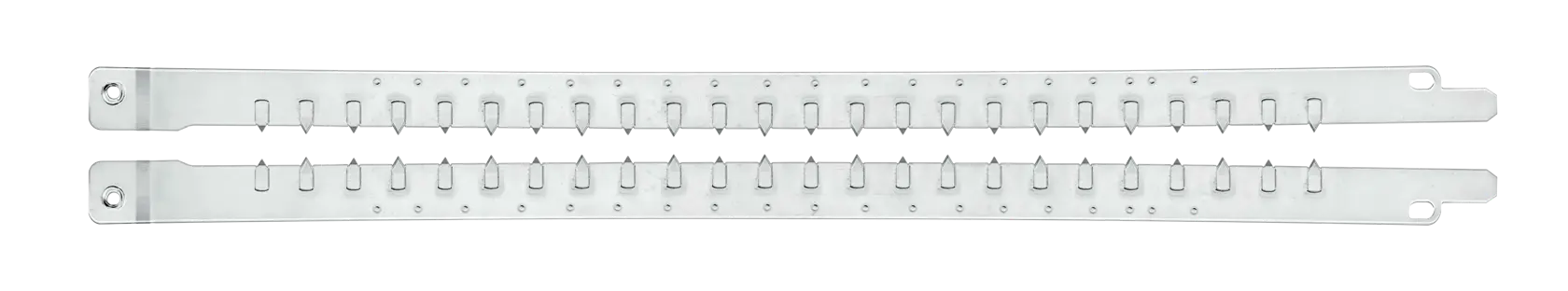 Deux bandes de rack en métal avec trous et encoches, présentées horizontalement sur fond blanc.