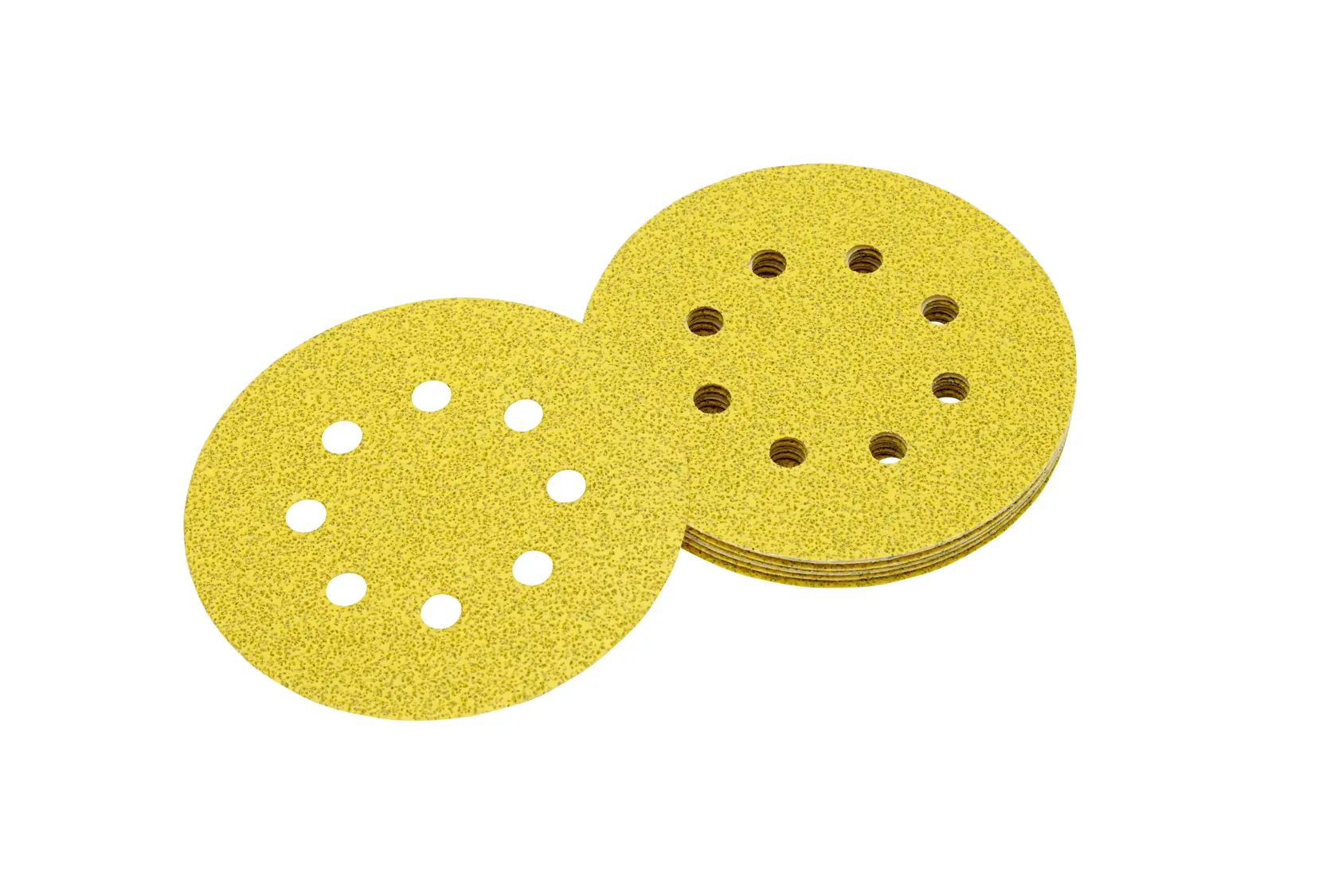 Pile de disques abrasifs jaunes ronds avec trous pour extraction de poussière.
