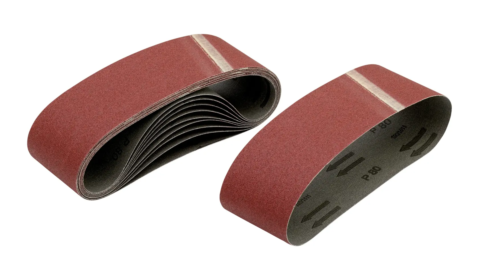 Deux bandes abrasives marron, dont une empilée, adaptées au ponçage avec outils électriques.